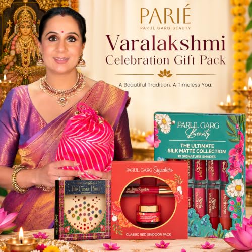 Image of Parul Garg Beauty Varalakshmi Celebration Gift Pack | Festive Beauty Gift Set | 10 Mini Silk Matte Liquid Lipsticks, Kajal, Sindoor, Utsav Bindi Patta with Pink Potli