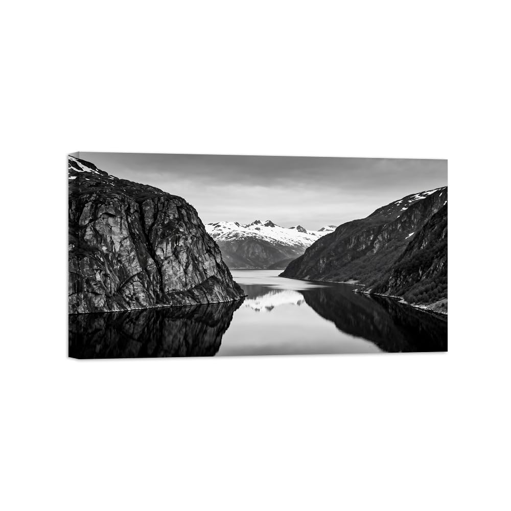 Black White Landscape Wall Art. Mountain Lake 2. Picture 40x70cm Unframed