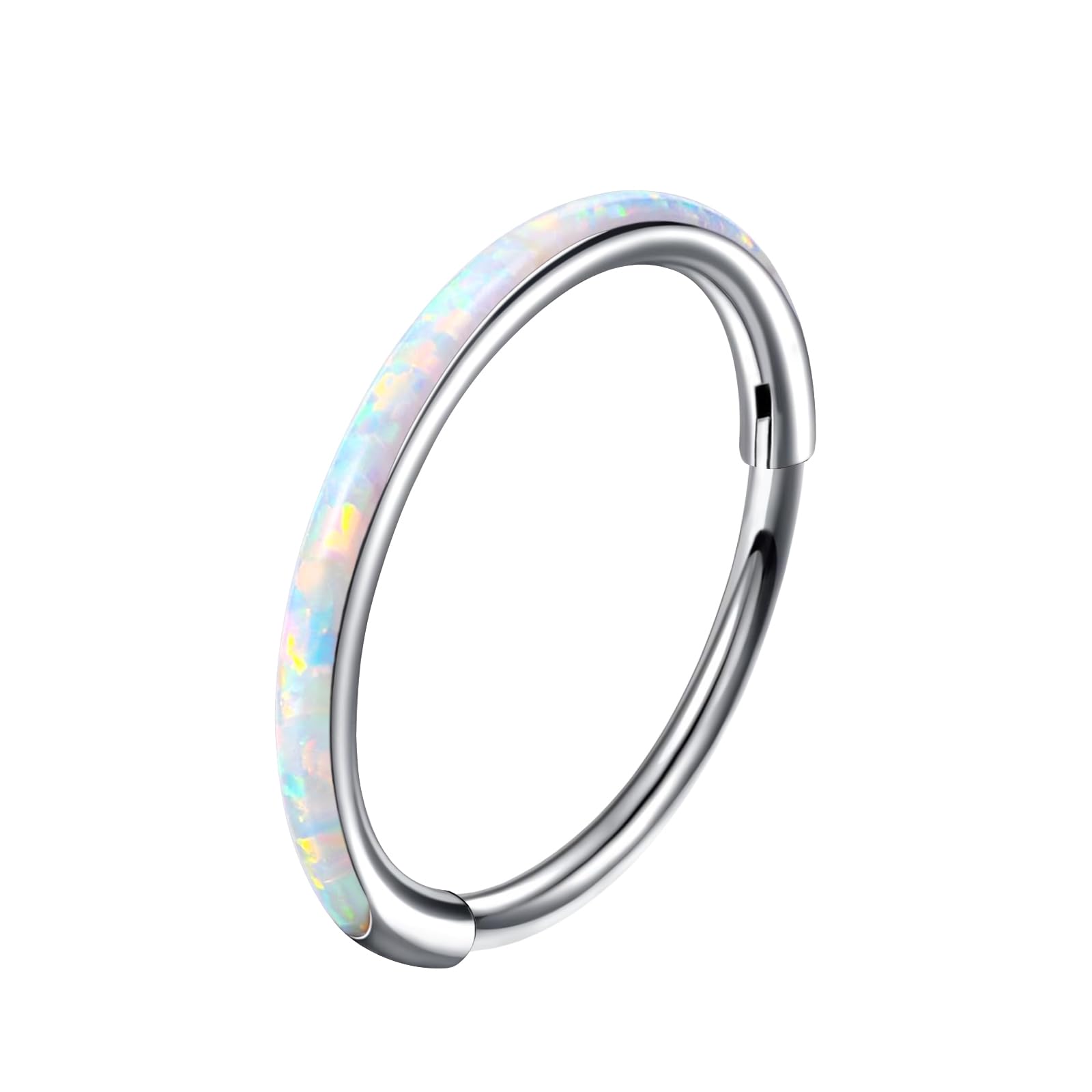 ALACLO Nose Rings Hoops, White Opal Cartilage Hoop Earrings for Women Men, 316L Surgical Steel 20g Labret Lip Tragus Helix Daith Conch Piercing