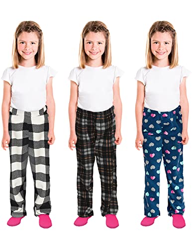 Mad Dog Girl’s Soft Micro Fleece Fashion Sleepwear Lounge 2/3 Pack Pajama Pants Stretch Waist, 3 Pack, 8, Hearts/Buffalo/Black Plaid #TOP4