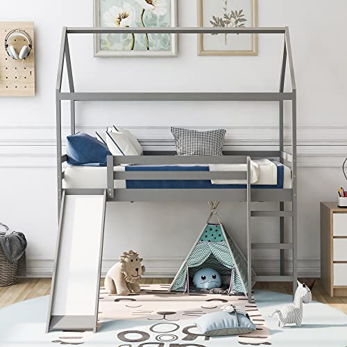 GLCHQ Multifunctional Design Solid Wood Kids Loft Bed House Bed with Slide for Boys & Girls Bedroom (Gray-B, Twin)