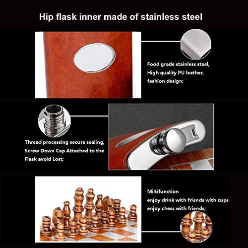 Image of Iktu Wooden Chess 235ml Brown Leather Hip Flask Set - Stainless Steel Flasks with Funnel and 4 Shot Glasses Gift Box