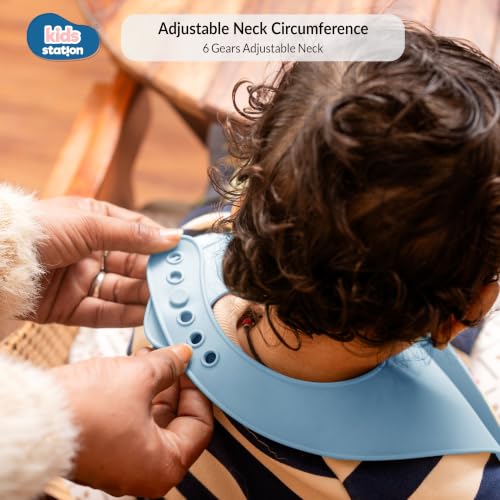 Image of Kids Station Silicone Baby Bib for Feeding & Weaning BPA Free, Soft Adjustable Neckline with Buttons, Washable & Reusable, Ideal for Babies & Toddlers 6 to 36 Months - Blue