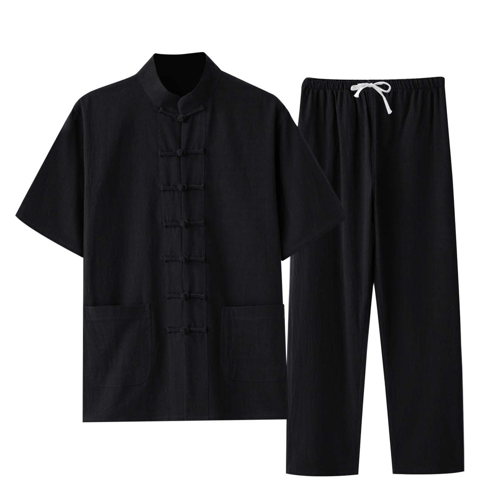 Traje de lino para hombre chándal de verano estilo chino Tai Chi Qigong Tang traje de manga corta camisa y pantalones de dos piezas elegante casual traje de chándal de un solo color
