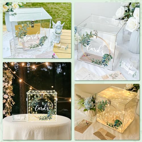 Image of OurWarm Clear Acrylic Card Box with Lock & Slot, Thick DIY Wedding Card Box for Wedding Reception, Large Money Gift Box Eucalyptus Graduation Card Box for Party Graduation Birthday Baby Shower