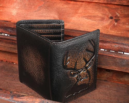 Image of DK86 Deer Trifold Wallets for Men Full Grain Leather with Hand Burnished Tri-Fold Wallet RFID Blocking (Black and Brown)