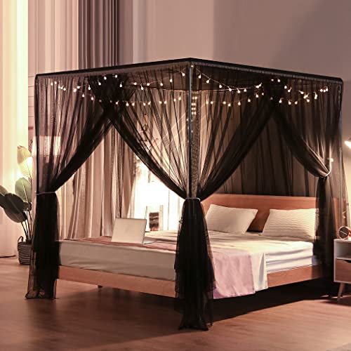 SCMTYWCQ Elegant Luxury 4 Corner Post Mosquito Net for Adult Teen Girls Bed Bedroom Decoration; Bed Canopy for Twin/Full/Queen/King Size Bed (Black, 64