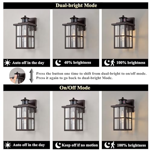 Image of MICSIU Bronze Motion Sensor Outdoor Wall Light 2 Pack, 11.75 inch Farmhouse | 3 Modes Dusk to Dawn Exterior Wall Sconce, Clear Glass Anti-Rust Porch Light for House, Garage