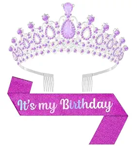 Birthday Tiara and Crown with Sash, Birthday Tiara for Women Party (Purple)