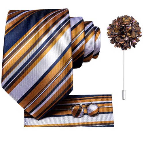 Image of Hi-Tie Men Silk Ties Set with Flower Lapel Pin Necktie Pocket Square Cufflinks for Tuxedo Wedding Business