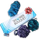 SHOWER BOUQUET Loofah-Charcoal Back-Scrubber & Bath-Sponge Color-Set // 1 Long-Handle-Back-Brush plus 2 Extra Large 75g Soft Mesh Loofa Lufa Loufa Poufs, Men & Women - Exfoliate with Full Pure Cleanse