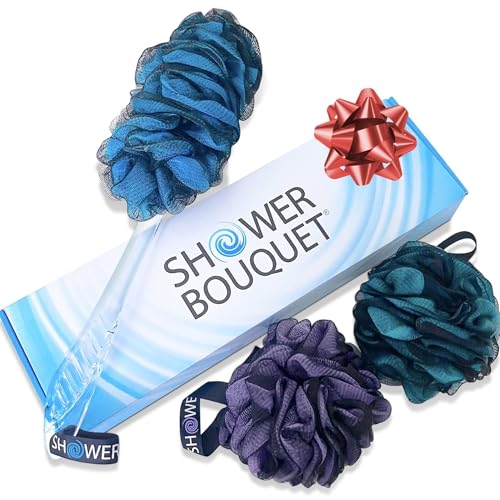 SHOWER BOUQUET Loofah-Charcoal Back-Scrubber & Bath-Sponge Color-Set // 1 Long-Handle-Back-Brush plus 2 Extra Large 75g Soft Mesh Loofa Lufa Loufa Poufs, Men & Women - Exfoliate with Full Pure Cleanse