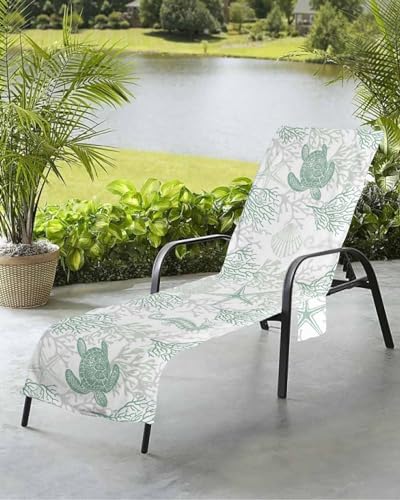 Coastal Green Ocean Turtle Beach Chair Towel Covers for Chaise Lounge With Side Pocket, Soft Plush Pool Towels Cover for Patio Sunbathing Outdoor Grey Ocean Sea Coral Seahorse Shell 29''x85''