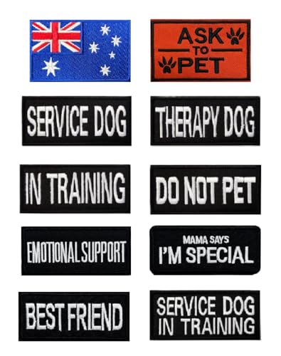 10 Pieces Assorted Australia Flag Service Dog Ask to Pet Do Not Pet in Training Best Friends Vest Removable Tactical Hook and Loop Embroidered Canada Dog Harness Clothes Patch Set