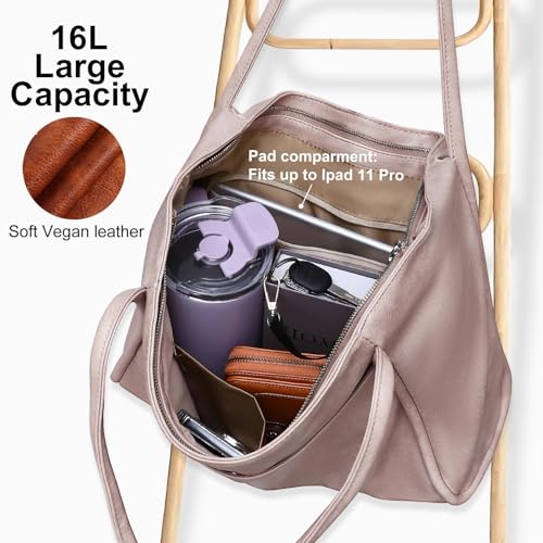 Image of Large Tote Bag for Women Work with Zipper 16L Vegan Leather Ladies Travel Purses and Handbags