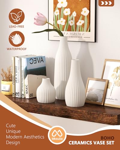 Decorative Flower Vase Set of 3 - Modern Boho Style White Vases, Ribbed Textures Ceramic Vase for Home Decor Shelf Bookshelf Mantle TV Stand Entryway Console, Dining Table Centerpiece Decor — view 2