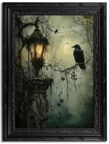 Black Framed Wall Art Gothic Raven Canvas Print Halloween Spooky Raven Crow Lantern Decor Picture Moody Dark Academia Artwork for Living Room Bedroom 12x16 inch - image 1