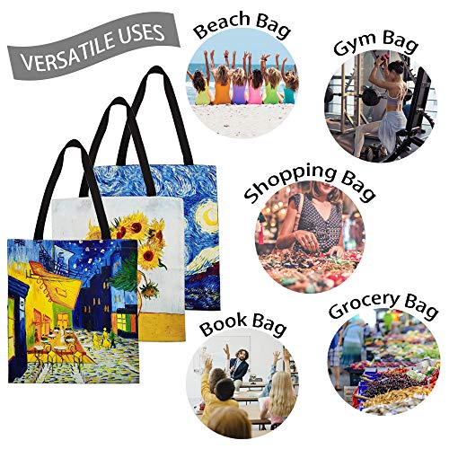FunisFun-3-Pack-Canvas-Tote-Bag-Reusable-Grocery-Shopping-Tote-Bag-Large-Women-Shoulder-Bag-Handbag-3-Designs-13-X-14-Inch