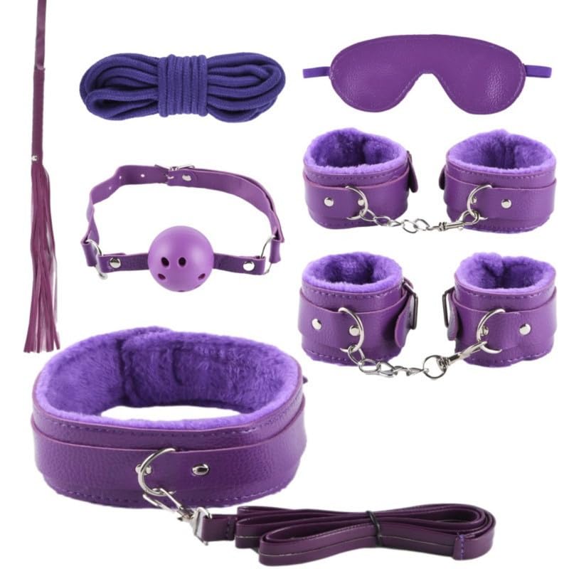 Set De Material De Cuero De Textura De Lychee Ajustable Suave De Siete Piezas PúRpura, FijacióN Multifuncional De Pierna Y MuñEca De Cuero, Entrenamiento De Estiramiento, Regalo De Pareja