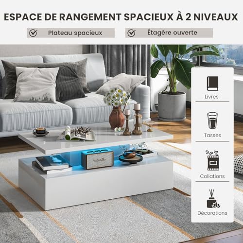 Table basse rectangulaire laquée avec télécommande et 19 modes LED