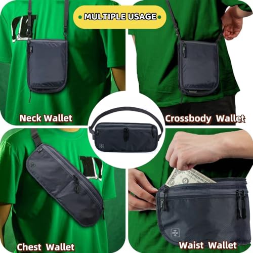 Image of Travel Passport Holder 【1 PACK】2 in 1 Slim RFID Blocking Travel Money Belt for Men & Women, Hidden Neck Wallet for Credit Cards, Documents & Cash, Fanny Pack, MA-MO (Black)