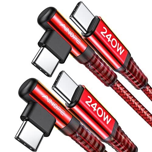 Image of AINOPE 240W USB-C Cable (6.6ft 2Pack), Right Angle Charger for iPhone 16, MacBook Pro, iPad Pro /Air, Samsung, Red