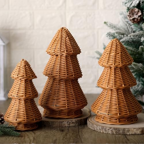 MiniInflat 3 Pcs Morden Christmas Decor Gift Rattan Wicker Christmas Cone Tree Neutral Xmas Tabletop Centerpiece for Mantel Fireplace Home Tiered Tray Holiday Party Decor 3 Sizes(Burlywood)