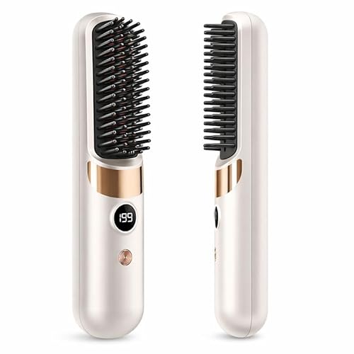 HRYYDS Go Brush Pro UK Cordless Hair Straightener Brush - Portable Rechargeable Ceramic Styling Brush with 4 Adjustable Heat Modes & LED Display (Cream White)