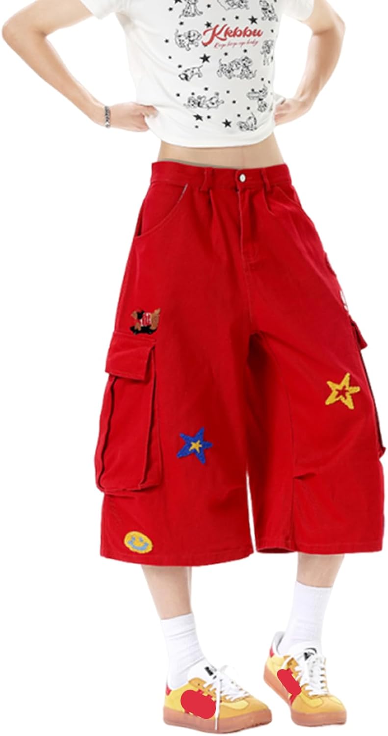 Hewlshawn Women's Capri Pants Y2K Hip-hop Knee Length Long Wide-Leg Casual Baggy Bermuda Cargo Shorts for Summer