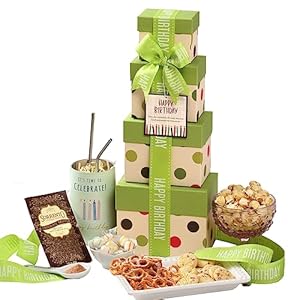 Broadway Basketeers Birthday Gift Basket Tower with Large 16oz. Insulated Gift Mug.Share Fun With Happy Birthday Gift Tower Filled with Chocolates, Sweets & Truffle Cocoa.Perfect for Mom,Dad & Friends