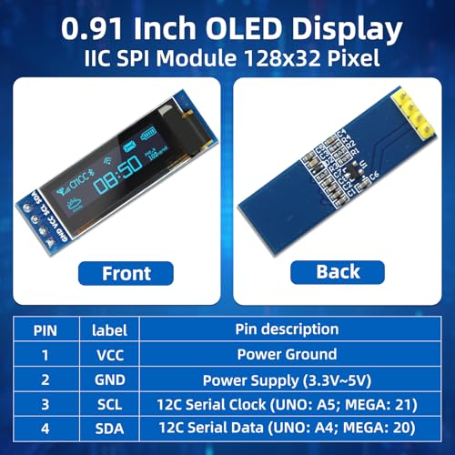 Image of 5 Pcs 0.91 Inch I2C OLED Display Module, 128x32 Pixel SSD1306 Luminous OLED Screen Board Compatible with Arduino Raspberry Pi ESP32 (Blue)