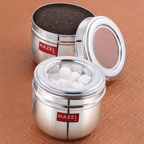 Image of HAZEL Stainless Steel Transparent Lid Containers | Versatile Storage Jars with See-Through Top | Nesting Kitchen Canisters for Spices, Snacks & Grains | 500ml (Set of 2)