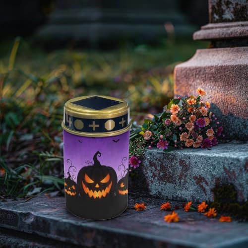 Image of Poceacles Outdoor Solar Powered Cemetery Lights Grave Outdoor Stake Lights Garden Solar Lantern Flameless Candles Halloween Garden Decoration, Pumpkin Bat Print Violet