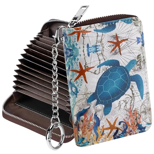 Mayski Credit Card Holder, Zipper Credit Card Wallet for Women, Small Accordion Card Cases Holder, KeyChain Wallet, Business Card Holder, Sea Turtle