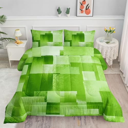 Image of Kids Comforter Set Green Color Block Printed Pattern Bedding Set with 1 Comforter and 2 Pillowcases for Girls Boys Bedroom All Season(Green Block Twin)
