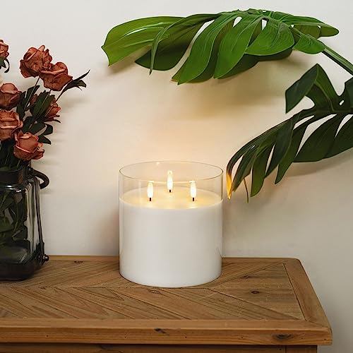 Image of Homemory 6X6'' Extra Large Flameless Candle with 3 Wicks, Glass LED Pillar Candle, Real Wax Battery Operated Candle with Remote Control and Timer, Pure White