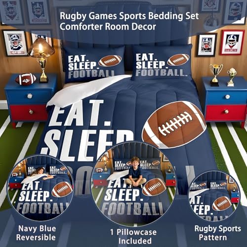 Image of Feelyou Football Comforter Set for Boys Full Size Sports Bedding Set American Football Lover Navy Blue Ball Games Quilt Bed Teens Rugby Bedroom Decor 3Pcs