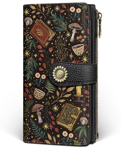 GIANCOMICS Book Mushroom Womens Wallet RFID Blocking Credit Card Holder Bifold PU Leather Travel Billfold Long Cute Cash Purse Zipper Coin Pocket Clutch 11 Card Slots Ladies Gift Woman