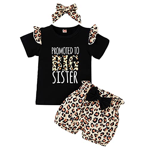 GRNSHTS Kids Baby Girl Sister Leopard Outfits Promoted to Big Sister Letter Shirt+Leopard Bowknot Shorts+Headband 3Pcs Clothes (Black, 4T/5T)