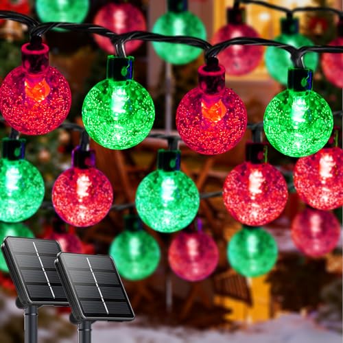 2-Pack 100 LED Red and Green Solar String Lights Outdoor - 64FT Crystal Globe Waterproof Solar Lights for Outside with 8 Lighting Modes for Patio Decorations Garden Wedding Party Porch Tree