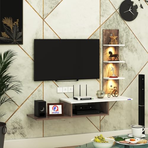 Image of Thomas Engineered Wood LED Light TV Unit Wall Mounted TV Unit Wall TV Stand TV Cabinet for Living Room, Set Top Box Stand - CoachWood /White (D.I.Y - Do-It-Yourself) Ideal for Up to 43 inch Inches