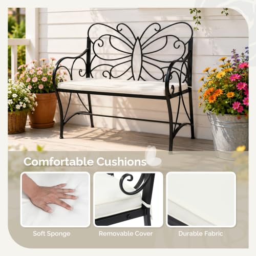 VINGLI Banc de Jardin Décoratif 2 Places en Fer forgé Motif Papillon Noir avec Coussin