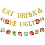 Gold Glitter Eat Drink and Be Ugly Sweater Banner for Ugly Christmas Sweater Party Decorations