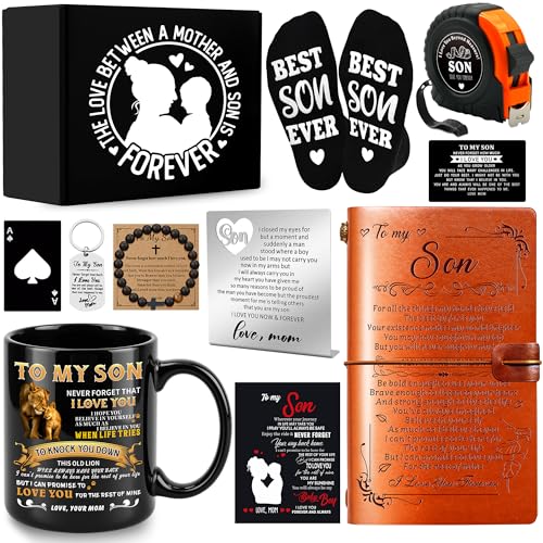 11 Pcs Son Gifts from Mom with 11 Oz Ceramic Cup Leather Journal Desk Decorative Sign Socks Tape Measure Bracelet Keychain for Birthday Graduation Fathers Day Christmas Gift for Teens Adult