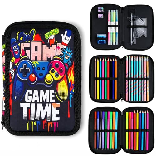 WnlahuWA 45 Stück Federmäppchen Federmäppchen 3 Fächer Federmappe Jungen Set Game Controller Graffiti Design Buntstifte Filzstifte Lineal Radiergummi Spitzer Perfekt für Schule Büro & Kinder