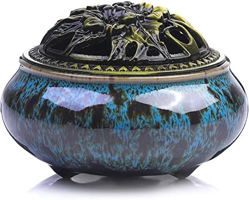 Incense Burner with Calabash Incense Stick Holder - Porcelain Charcoal Censer for Use with Resin Granular Powder Cone or Coil Incense (Blue-Upgrade)