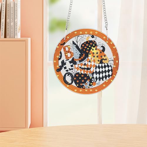 Image of 5D DIY Halloween Diamond Painting Hanging Ornament, Acrylic Rhinestone Pendant Craft with Ghost, Pumpkin, Bat & Witch Hat, Diamond Art Window Suncatchers for Home Wall & Door Holiday Decoration