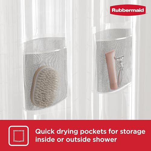 Image of Rubbermaid Clear Waterproof Shower Curtain Liner with 5 Storage Pockets, Heavyweight 8g PEVA Shower Liner for Bathroom, with Gray Rustproof Grommets and Pockets, 70x72, Standard Size, Clear