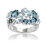 Ice Gems Sterling Silver Genuine London Blue Topaz and Blue Topaz Tonal Cluster Ring
