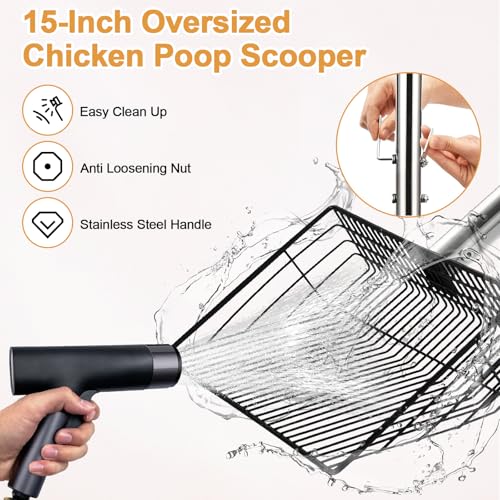 Image of 15 inch Chicken Poop Scooper & Rake, Metal Chicken Coop Scoop for Poop with 24 to 68 inch Adjustable Stainless Steel Handle, Litter Scooper Sifting Shovel Chicken Coop Accessories